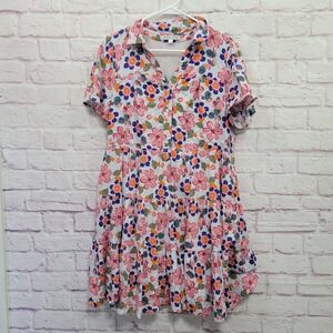 Joy Joy Floral Tiered Mini Dress Sz L Short Sleeve Boho Summer Cottagecore Ditsy